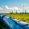 Hydrogen pipeline with wind turbines in the background