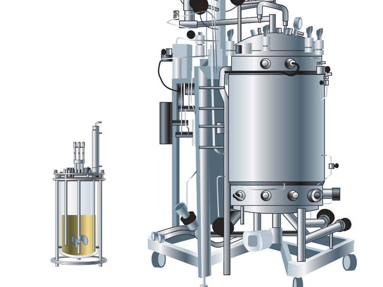 Process development-scale bioreactor and a production-scale bioreactor for the life science industry Illustrations depicting a process development-scale bioreactor and a production-scale bioreactor